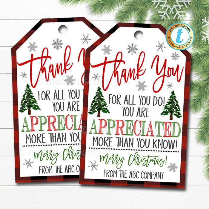 Christmas Thank You Gift Tags, Teacher Staff Employee Nurse Volunteer Staff Holiday Appreciation Tag, School pto pta DIY Editable Template
