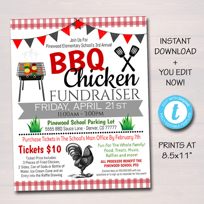 Bbq Chicken Fundraiser, Picnic Party Invite, Grill Out Party Printable, School Pta Pto Flyer, Corporate Company Event, EDITABLE TEMPLATE