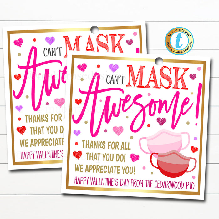 Valentines Face Mask Gift Tag Thank You Frontline Essential Worker, Employee Appreciation Company Teacher School Staff DIY Editable Template