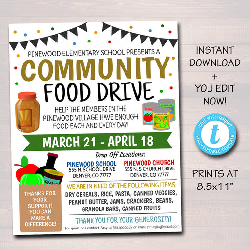 Food Drive Flyer, Printable Pta Pto Flyer, School Church Fundraiser Invite, Nonprofit Charity Community Donation Event, EDITABLE TEMPLATE