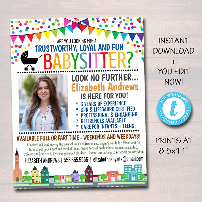 Babysitter Flyer, Printable Flyer, School Church Fundraiser Invite, Childcare Services Community Caretaker, Small Business EDITABLE TEMPLATE