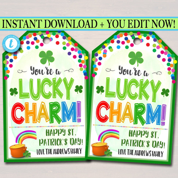 St. Patricks Day Treat Tags, You&#39;re a Lucky Charm, Candy Cereal Gift Tags, Kids Classroom Teacher Staff Thank You Gift, Editable Template