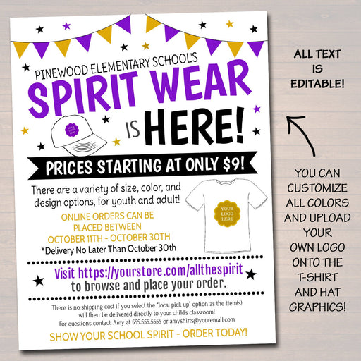 School Spirit Wear Fundraiser Flyer, Clothing T-shirt Sale, Printable Sales Flyer, Church Nonprofit School PTO PTA Event, Editable Template