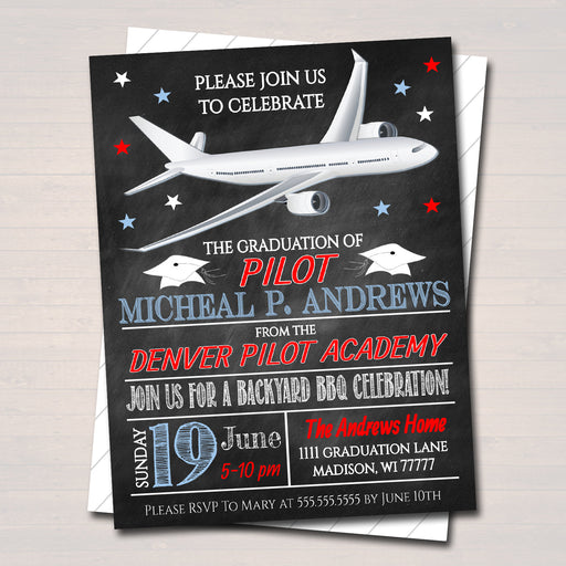 Pilot Graduation Invitation Air Force Academy Graduate Invite, Chalkboard Digital Printable, Commercial Jet Airline Pilot, EDITABLE TEMPLATE