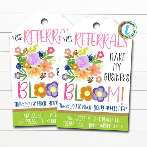 Floral Marketing Referral Gift Tags, Thank You for Helping My Business Bloom Flower Gift Tag, Realtor Client Appreciation, Editable Template
