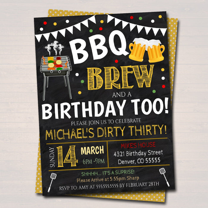 BBQ and Beer Birthday Invitation, Adult Surprise Party, Brew Chalkboard Printable, Man's Grill Out Backyard Party Invite, EDITABLE TEMPLATE