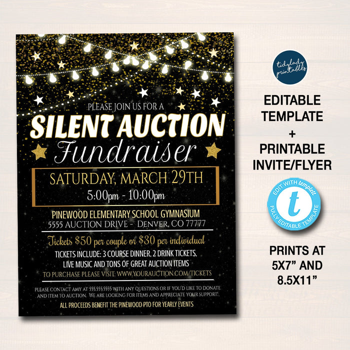 Silent Auction Flyer, Fundraiser Event, School Pto Pta, Community Fundraising, Church Nonprofit Charity, Black Tie Gala, EDITABLE TEMPLATE
