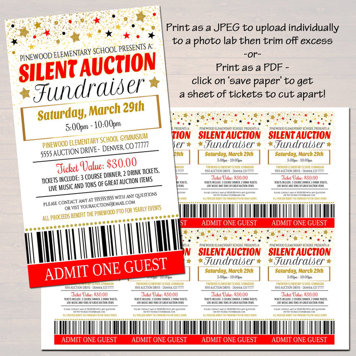 Silent Auction Flyer Ticket Set, Fundraiser Event, School Pto Pta Fundraising, Church Nonprofit Charity, Black Tie Gala, EDITABLE TEMPLATE