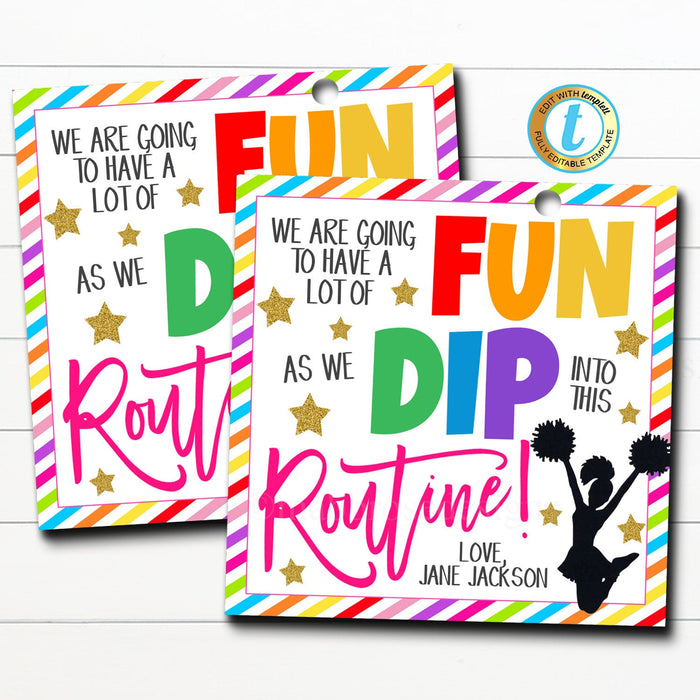 Cheer Gift Tags, Dip Into This Routine, Candy Treat Tags, Dance Pom Cheer Team, Girl Cheerleader Favor Tag, Valentine, DIY Editable Template