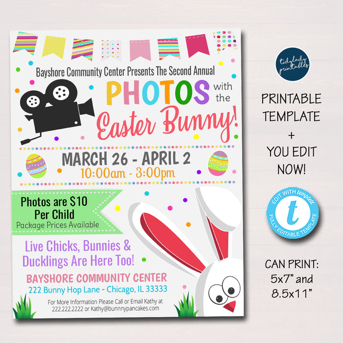 Photos with the Easter Bunny Flyer, Printable Invite School pto pta Church Community Fundraiser, Spring Easter Bunny Event EDITABLE TEMPLATE