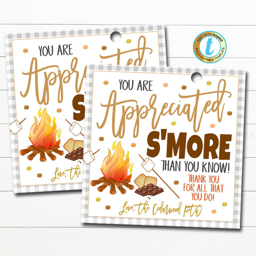 Appreciation S&#39;mores Gift Tag, Chocolate Candy Gift, Client Nurse Teacher Staff Employee Thank You Tag, School Pto Pta DIY Editable Template
