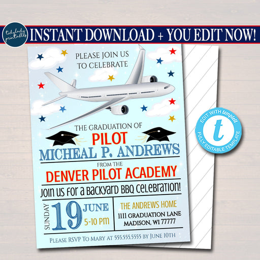 Pilot Graduation Invitation, Air Force Academy Graduate Invite, Flight School Printable, Commercial Jet Airline Pilot, DIY EDITABLE TEMPLATE