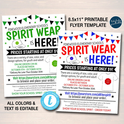 School Spirit Wear Fundraiser Flyer, Clothing T-shirt Sale, Printable Sales Flyer, Church Nonprofit School PTO PTA Event, Editable Template