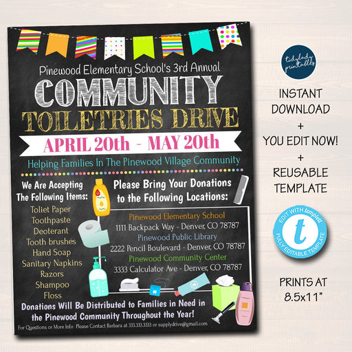 Toiletries Drive Flyer, School Pto Pta Flyer, Church, Community Benefit Fundraiser Invite, Business Charity Nonprofit, EDITABLE TEMPLATE