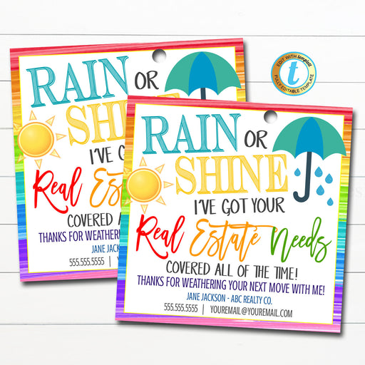 Realtor Pop By Gift Tags Rain or Shine I&#39;ve Got Your Real Estate Needs Covered, Summer Spring Umbrella Marketing Referral, Editable Template