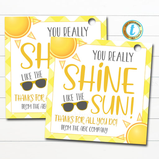 Yellow Sunshine Gift Box Tag, You Shine Like the Sun, Thank You Card, Nurse Employee Staff Teacher Appreciation Week, DIY Editable Template