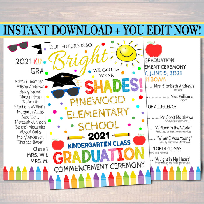 Graduation Ceremony Bundle, Invite, Diploma, Program Template, Any Grade School, Future is So Bright we gotta wear Shades, EDITABLE TEMPLATE
