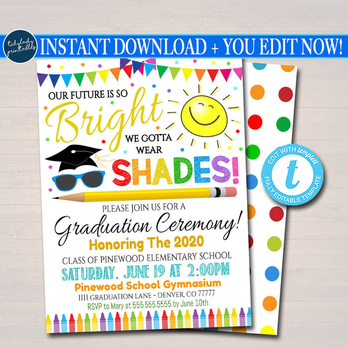 Graduation Ceremony Bundle, Invite, Diploma, Program Template, Any Grade School, Future is So Bright we gotta wear Shades, EDITABLE TEMPLATE