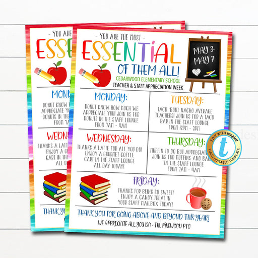 Teacher and Staff Appreciation Week You are Most Essential Itinerary Poster, Schedule Events School Pto Pta Planner, DIY Editable Template