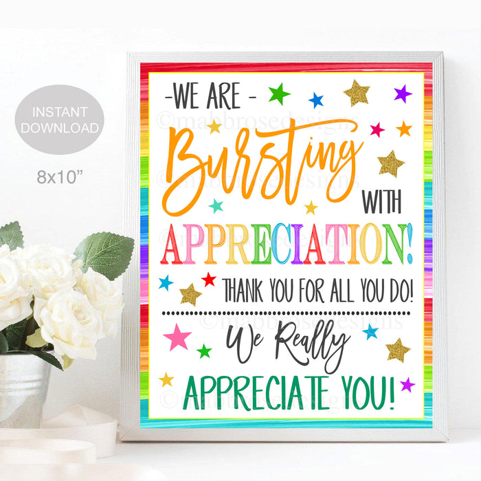 Appreciation Sign, Bursting with Appreciation Candy Star Table Decor Gift, Teacher Employee Nurse Staff, Thank you School pto pta, PRINTABLE