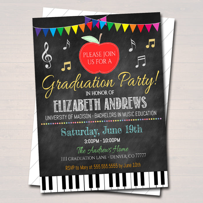 Music Teacher Graduation Invitation, Chalkboard Printable, College Graduate, Apple Invite, Music Education Teacher Party, EDITABLE TEMPLATE