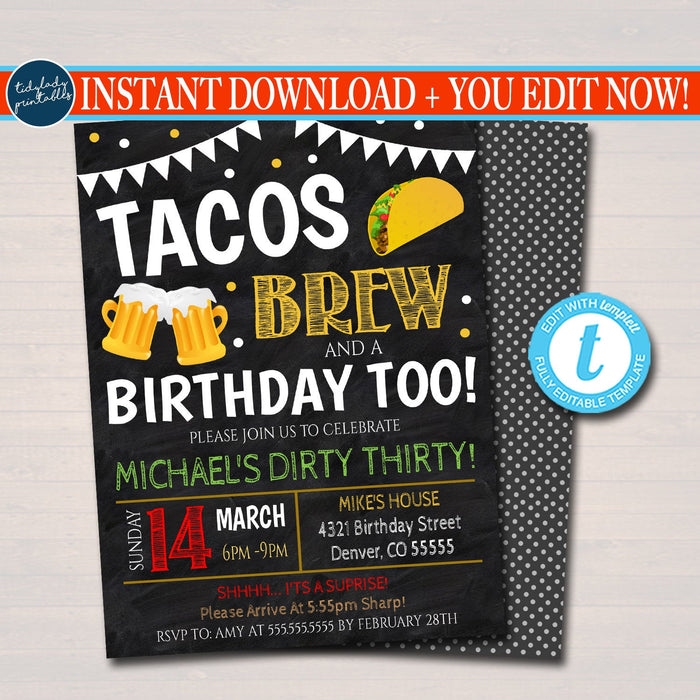 Tacos and Beer Birthday Invitation, Adult Surprise Party, Brew Chalkboard Printable, Fiesta Cinco De Mayo Tacos Invite, EDITABLE TEMPLATE