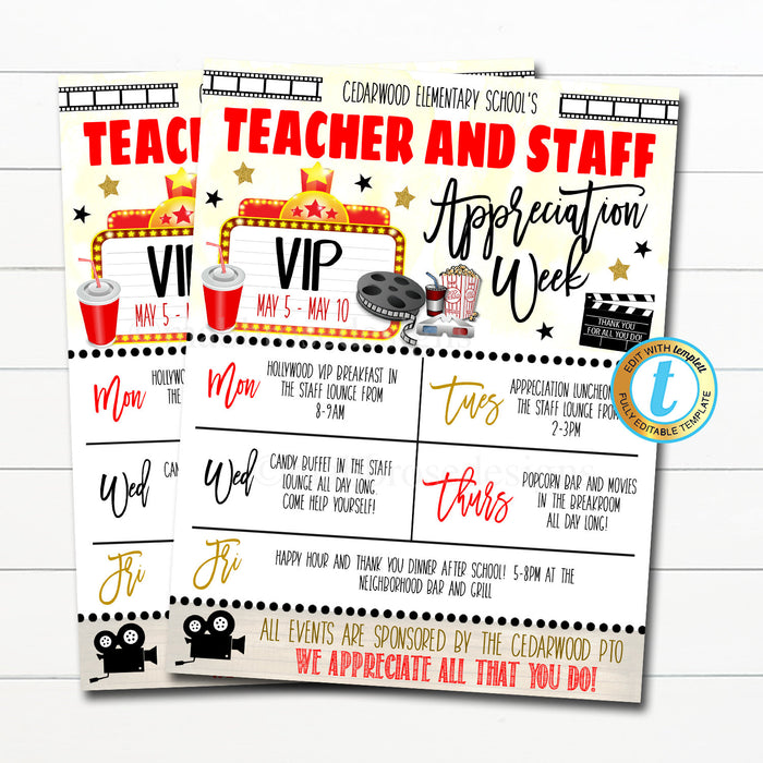 Hollywood Teacher Appreciation Week Itinerary Flyer Movie Theme You&#39;re A Star, Appreciation Week Schedule Events Printable EDITABLE TEMPLATE