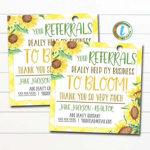 Sunflower Marketing Referral Gift Tags, Thank You for Helping My Business Bloom Floral Tag, Realtor Client Appreciation, Editable Template