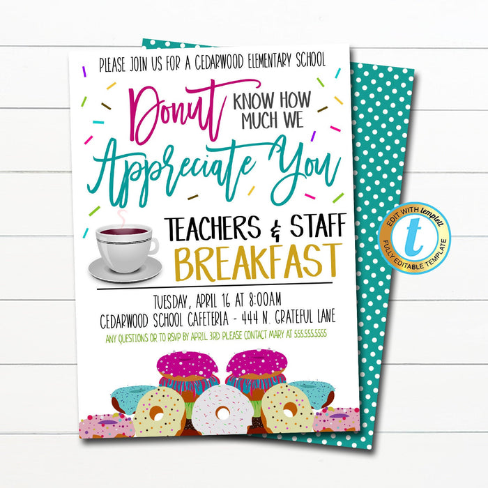 Donut Appreciation Invitation, Teacher Staff Nurse Employee Appreciation Week, Breakfast Brunch Invite, School Pto Pta DIY Editable Template