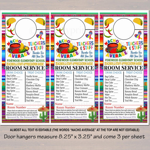 Fiesta Room Service Door Hanger, INSTANT DOWNLOAD, Teacher and Staff Appreciation Idea, Printable Editable Thank You Tags, School Pto Pta