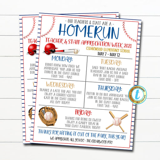Baseball Teacher Staff Appreciation Week Itinerary Flyer, You&#39;re a Home Run Star Sports Theme, Schedule Events Printable EDITABLE TEMPLATE