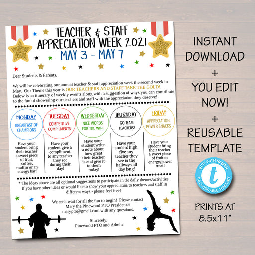 Gold Medal Theme Teacher Appreciation Week Staff Invitation Newsletter, Printable Sports Olympic Events, Take Home Flyer, EDITABLE TEMPLATE