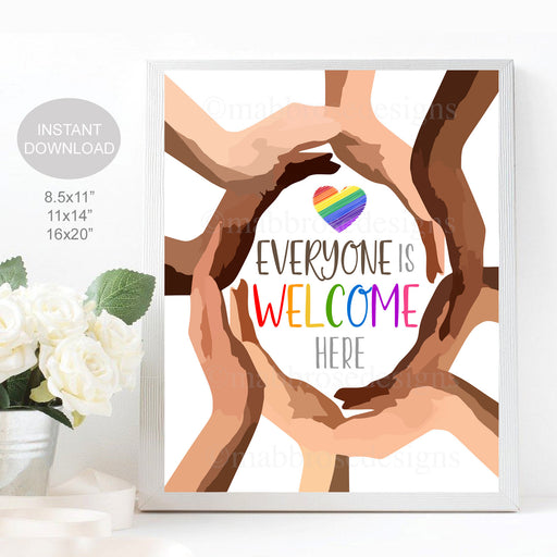 Diversity Poster, School Office Classroom Sign, Everyone is Welcome Here, Holding Hands Inclusion Social Worker, Printable Instant Download