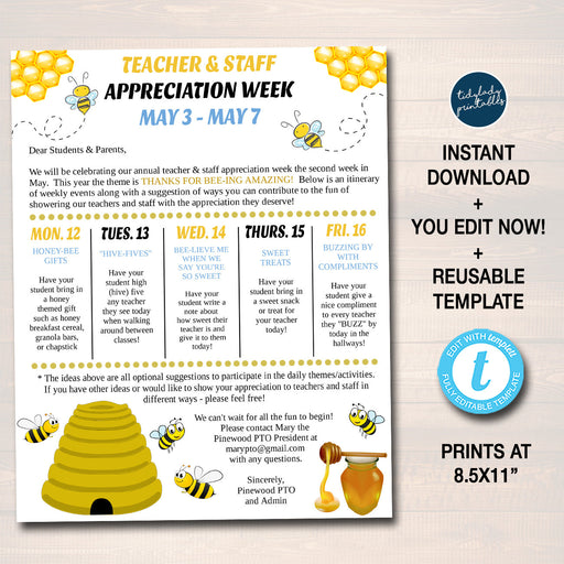 Bee Theme Teacher Appreciation Staff Invitation Newsletter, Printable Appreciation Week Events Schedule, Take Home Flyer, EDITABLE TEMPLATE