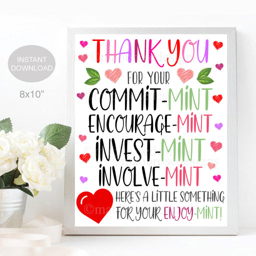Valentine Thank You Mint Sign, Thank You Gift, School pto pta Volunteer Staff Employee Teacher Appreciation Decor, DIY Editable Template