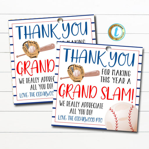 Baseball Appreciation Gift Tag, School pto pta Staff Appreciation Week, Thank You For Making This Year a Grand Slam, DIY Editable Template