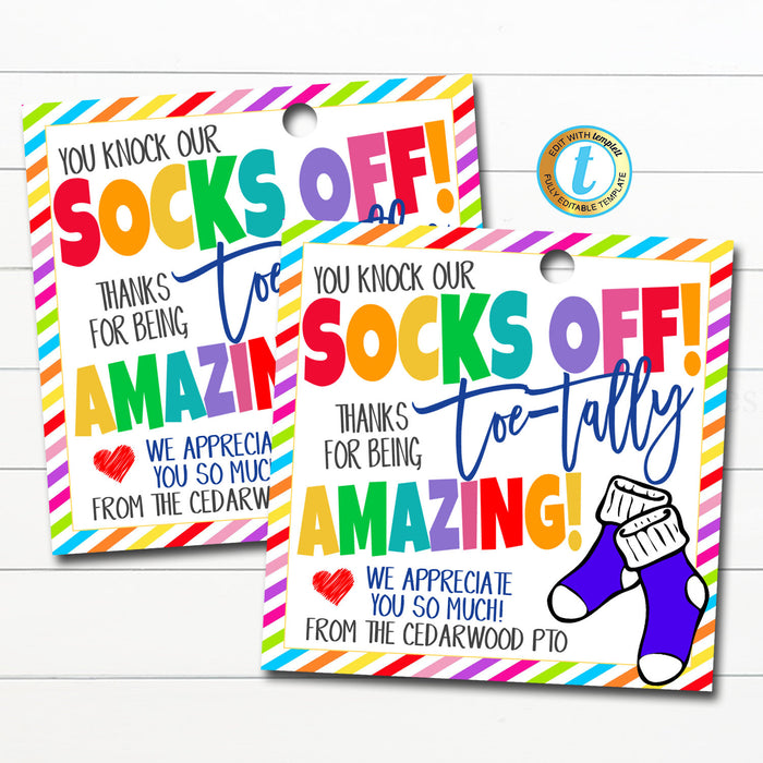 Sock Gift Tags Staff, Mani Pedi Gift, Toe-Tally Amazing Teacher Staff Employee Nurse Appreciation Week Thank You Gift, DIY Editable Template