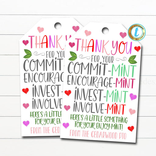 Valentine Thank You Mint Tags, Thank You Gift, School pto pta Volunteer Staff Employee Teacher Appreciation Gift Label DIY Editable Template