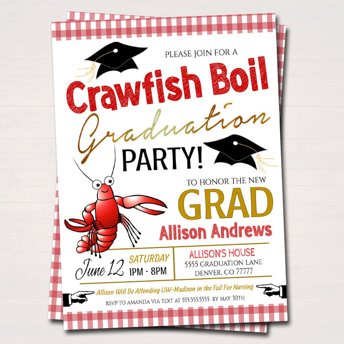 Crawfish Boil Graduation Invitation, Picnic Backyard Grill Seafood Boil BBQ Party, High School College Graduation Invite, EDITABLE TEMPLATE