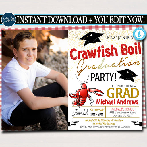 Graduation Crawfish Boil Invitation, Picnic Seafood Lobster Shrimp Boil, BBQ Backyard Party High School College Graduation Invite, EDITABLE