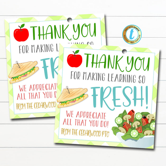Teacher Gift Tags, Thank you for making learning so fresh, Staff Teacher Appreciation, School Pto Pta Thank You Label, DIY Editable Template