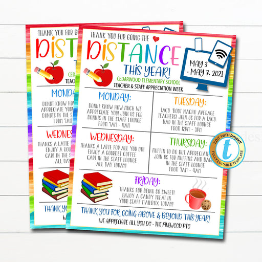 Virtual Teacher Appreciation Week Itinerary Schedule, Daily Weekly Calendar, Thanks for Going the Distance School Pto Pta, Editable Template