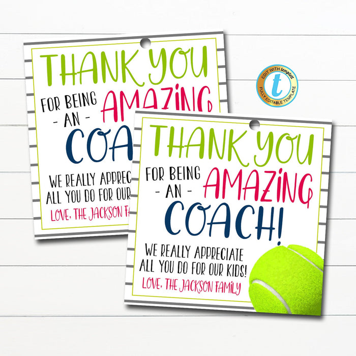 Tennis Coach Gift Tag, School Sports Team Appreciation, Thank You to an Amazing Coach, End of Season Printable, DIY Editable Template