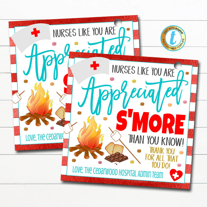 S&#39;mores Gift Tag, National Nurse Appreciation Week Chocolate Candy Gift, Medical Nursing Staff Hospital Thank You Tag, DIY Editable Template