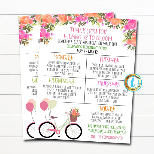 Teacher Appreciation Week Itinerary, Appreciation Bloom Grow Floral Flowers Spring Garden Theme, Schedule Events Printable EDITABLE TEMPLATE