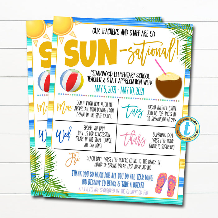 Beach Teacher Appreciation Week Itinerary, Tropical Hawaii You are Sun-sational Watercolor Theme Schedule Events Printable EDITABLE TEMPLATE