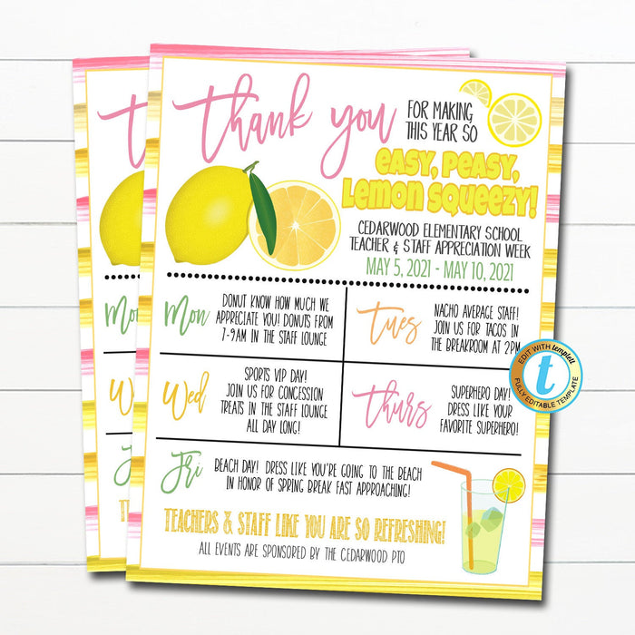 Teacher Appreciation Week Itinerary, Easy Peasy Lemon Squeezy Watercolor Theme, School pto Staff Schedule Events Printable EDITABLE TEMPLATE