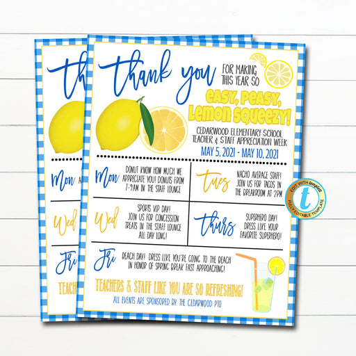 Teacher Appreciation Week Itinerary, Easy Peasy Lemon Squeezy Watercolor Theme, School pto Staff Schedule Events Printable EDITABLE TEMPLATE
