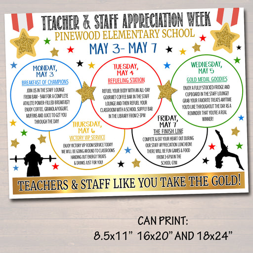 Gold Medal Theme Teacher Appreciation Week Itinerary Poster, Thank You Staff Nurse, School Pto Pta, Olympic Games Sports, EDITABLE TEMPLATE