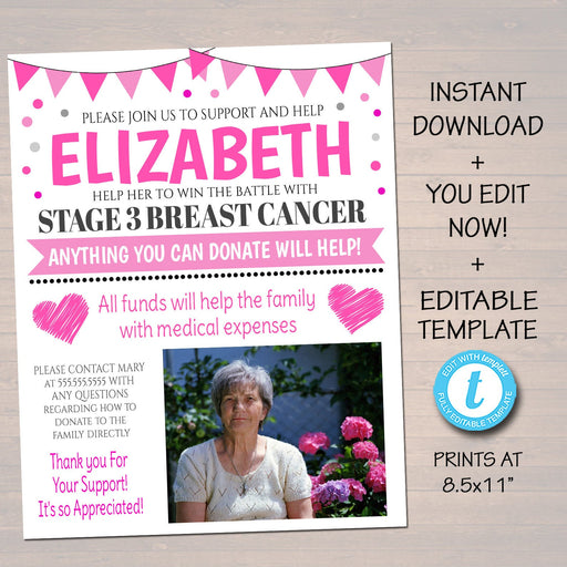 Breast Cancer Benefit Fundraiser Flyer, Printable Pink Charity Church Benefit Fundraiser Event Poster Women's Cancer, EDITABLE TEMPLATE